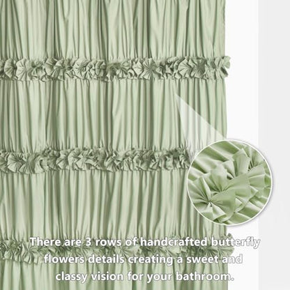 Homechoice Decor Sage Ruffle Shower Curtain, Handcrafted Bow Tie