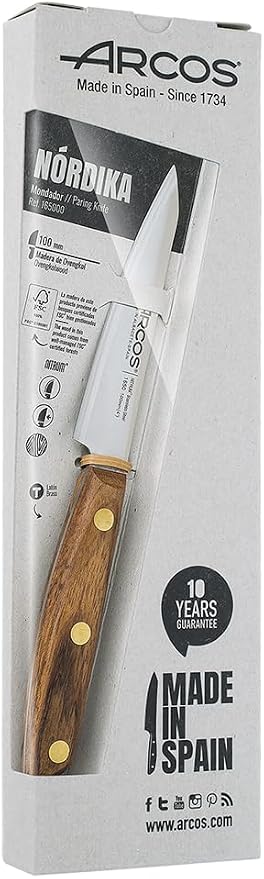 Arcos Paring Knife 4 Inch Stainless Steel. Professional Kitchen Knife for Peeling Fruits and Vegetables. Ovengkol Wood Handle 100% natural FSC and 100mm Blade. Series Nordika. Color Brown
