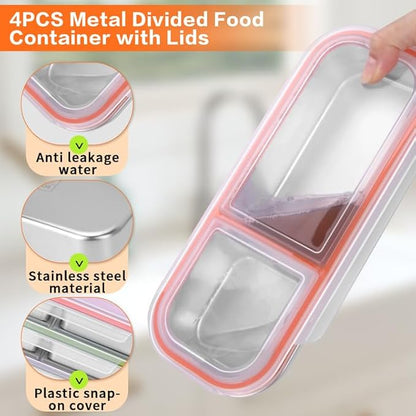 4 Pack Stainless Steel Lunch Containers with Lids, 2-Compartments Snack Container & Lunch Box, Reusable Clear Lid Snack Containers Set, Meal Prep Lunch Box (24 oz / 700ml)