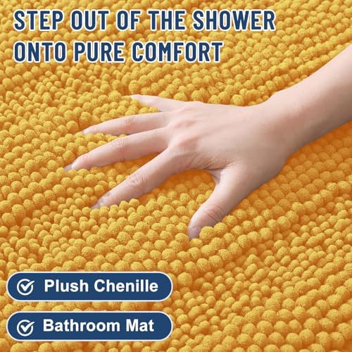 Grandaily Chenille Striped Bathroom Rugs 44x24, Extra Thick and Soft Absorbent Bath Mats, Rubber Backing, Plush Shaggy Shower Carpet, Machine Wash Dry, Bath Rug for Bathroom, Golden Yellow