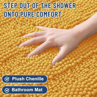 Grandaily Chenille Striped Bathroom Rugs 44x24, Extra Thick and Soft Absorbent Bath Mats, Rubber Backing, Plush Shaggy Shower Carpet, Machine Wash Dry, Bath Rug for Bathroom, Golden Yellow