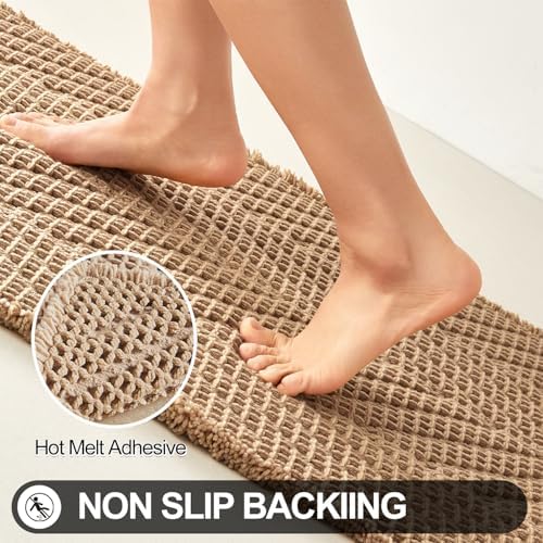 Sunfly Bathroom Runner Rug,Boho Herringbone Waffle Bath Mat Non-Slip Washable Super Absorbent Quick Dry, Farmhouse Bath Mat for Bathroom Floor Decor 24"x60" Khaki