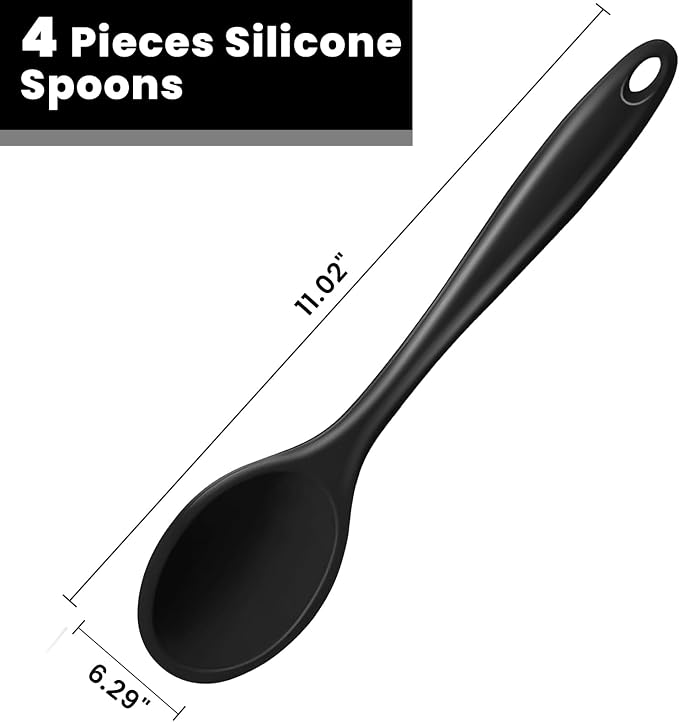 GEEKHOM Silicone Cooking Spoons, 4 Pieces 11" Heat Resistant Silicone Kitchen Utensils Set Large Serving Stirring Spoons for Non Stick Cooking, Mixing, Basting, Baking, Black