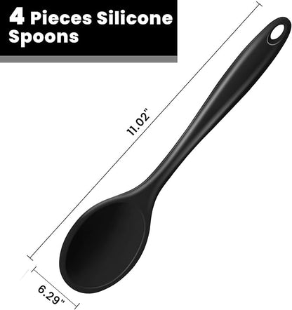GEEKHOM Silicone Cooking Spoons, 4 Pieces 11" Heat Resistant Silicone Kitchen Utensils Set Large Serving Stirring Spoons for Non Stick Cooking, Mixing, Basting, Baking, Black