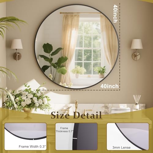 XRAMFY 40 Inch Round Mirror - Black Circle Mirrors for Bathroom, Entryway