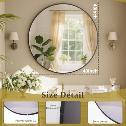 XRAMFY 40 Inch Round Mirror - Black Circle Mirrors for Bathroom, Entryway