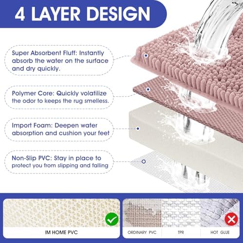 ACCUMTEK Striped Dusty Pink Bathroom Rug Mat Set 2 piece 32"x20"+24"x17" Ultra Soft, Non Slip Chenille Bath Rugs, Absorbent Plush Shaggy Bath Mats for Bathroom, Bedroom, Kitchen, Shower, Tub