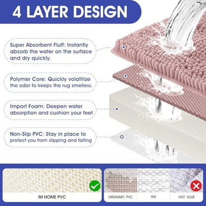 ACCUMTEK Striped Dusty Pink Bathroom Rug Mat Set 2 piece 32"x20"+24"x17" Ultra Soft, Non Slip Chenille Bath Rugs, Absorbent Plush Shaggy Bath Mats for Bathroom, Bedroom, Kitchen, Shower, Tub