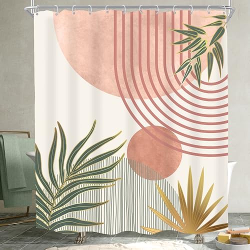 Mid Century Pink Green Boho Abstract Modern Bathroom Shower Curtain Set