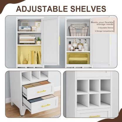 Tall Metal Narrow Storage Cabinet 67" H with 2 Drawer,White Kitchen Pantry Cabinets with 2 Adjustable Shelves and Door,Cuby Storage Orgainzer,Tall Bathroom Cabinet for Kitchen, Home Office,Dining Room
