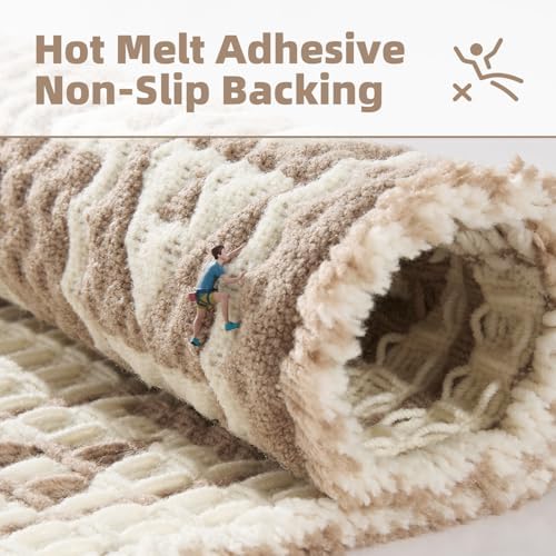 PADOOR-Waffle Bath Mat-Super Absorbent Bath Mats for Bathroom, Machine Washable Non Slip Bathroom Rug with Tassels, Soft Bathroom Mat for Laundry Room, Bedroom,Cream & Brown 17"x28"