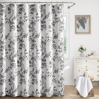 Black and White Floral Shower Curtain,Vintage Cotton Cottagecore Gray Shower Curtains for Bathroom, 72" W x 72" L