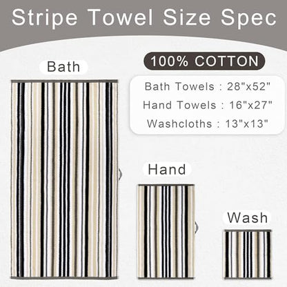 VOOVA & MOVAS Washcloths 6 Pack, 100% Cotton, 13x13 in, Black Striped