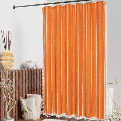 Farmhouse Tassel Linen Shower Curtain,3D Embroidery Stripe Orange,36x72