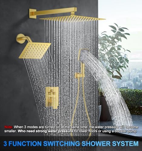 Woindo Shower Faucet Set, 12" Wall Mount Rainfall Shower System with 2 Rain Shower Head and Multi-function Handheld Head Push Button Diverter Shower Faucet Trim Kit