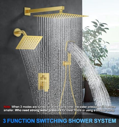 Woindo Shower Faucet Set, 12" Wall Mount Rainfall Shower System with 2 Rain Shower Head and Multi-function Handheld Head Push Button Diverter Shower Faucet Trim Kit