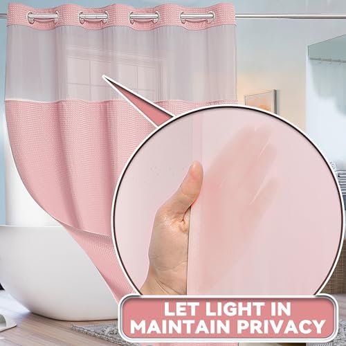 Conbo Mio No Hook Waffle Weave Shower Curtain with Snap in Liner Set, Hotel Luxury Pink Shower Curtains for Bathroom with See Through Top Window, Waterproof, Washable 71W x 74H