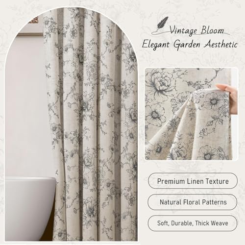 Farmhouse Floral Vintage Shower Curtain for Bathroom, Dark Grey