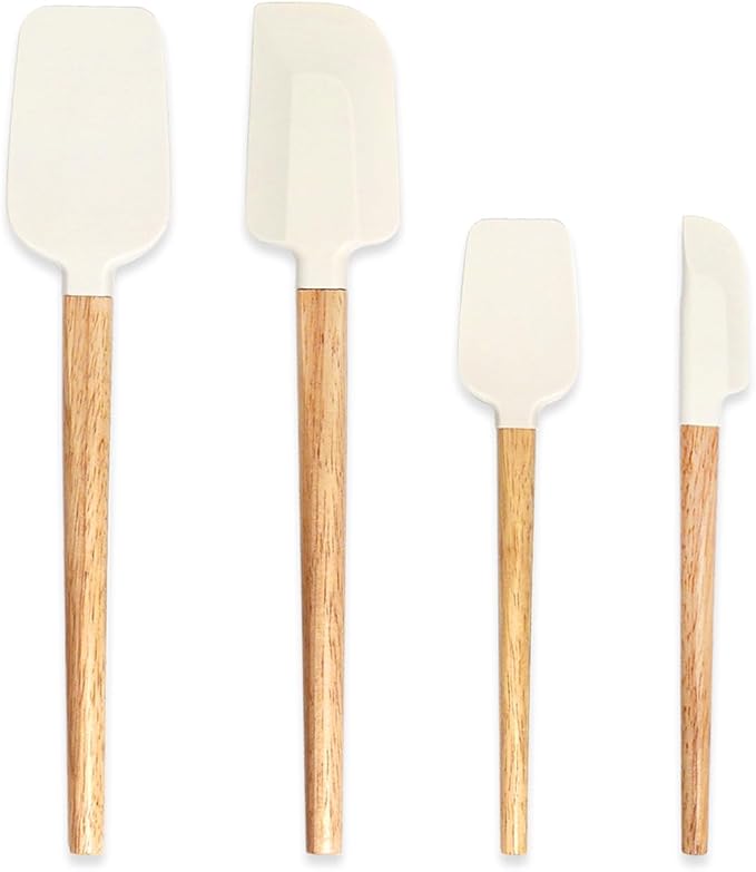 Silicone Spatula Set, 4 Piece Food Grade Rubber Spatula Nonstick Off-White Wooden Spatula, Spoonula, Jar Scraper for Cooking, Baking, Mixing, Frosting - Heat Resistant Up to 600°F（Dishwasher Safe ）