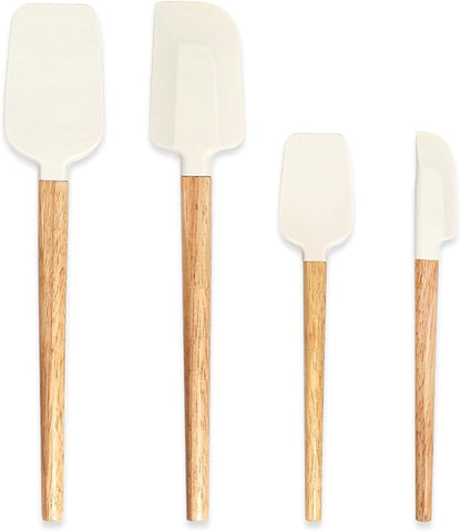 Silicone Spatula Set, 4 Piece Food Grade Rubber Spatula Nonstick Off-White Wooden Spatula, Spoonula, Jar Scraper for Cooking, Baking, Mixing, Frosting - Heat Resistant Up to 600°F（Dishwasher Safe ）