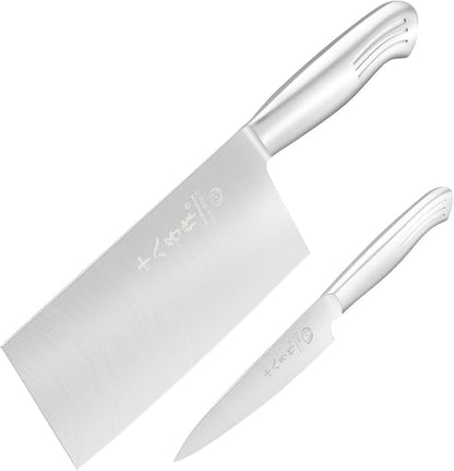 SHI BA ZI ZUO Meat Cleaver Set, 2PCS Professional Butcher Knife Fruit Knife with Stainless Steel Handle