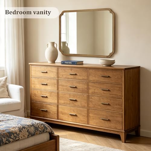 WallBeyond 36" x 48" Wood Bathroom Mirror for Wall Mounted, Rustic Rounded Corner Wood Frame Wall Mirror for Entryway, Living Room or Bedroom Home Decorative, Natural