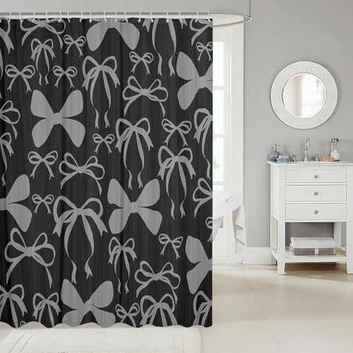 jejeloiu Cute Bowknot Shower Curtain for Bathroom Decor 72"x84" Black Gray Girls Bow Bath Curtain Kawaii Bathroom Accessories Waterproof Polyester Fabric for Stalls Bathtubs Princess Decor