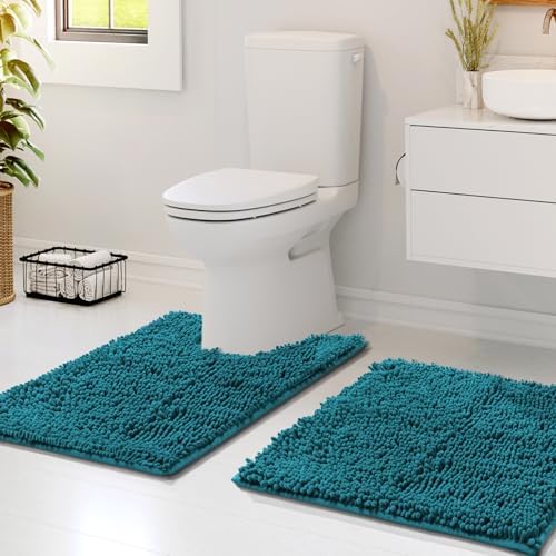 Hearth & Harbor Bathroom Rugs, Chenille Bath Mat - Machine Washable Bath Mats for Bathroom Non-Slip Backing Rubber, Quick Dry Bathroom Mat - Teal Blue 17x24-20x24