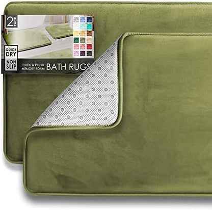 Clara Clark 2 Piece Bathroom Rugs Bath Mat Set, Velvet Memory Foam Bath Mats for Bathroom - Non-Slip, PVC Backing Bath Rugs, Washable - Dries Quickly, Green