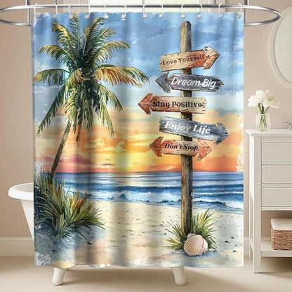 Beach Ocean Luxury Shower Curtain Aesthetic Palm Tree Funky Art Scenic
