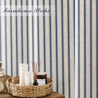 Farmhouse Striped Shower Curtain Navy Blue Vintage Linen Curtain 72W X 84L