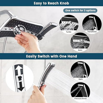 BRIGHT SHOWERS High Pressure Dual Shower Head Combo, Handheld Showerhead Rainfall Shower Head Combo with Black Face, 60 Inch Long Stainless Steel Shower Hose, Chrome