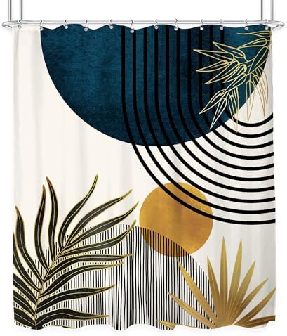 KOMLLEX Mid Century Blue Boho Abstract Modern Bathroom Shower Curtain Set