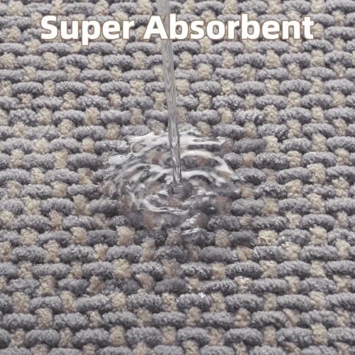PADOOR-Bath Mat Runner-Super Absorbent Chenille Bathroom Mats-Rubber Backed Bath Mats for Bathroom Non Slip, Easy Clean Bathroom Runner Rugs Front of Bathtub,Shower Room,Sink-17×59 Grey&Beige