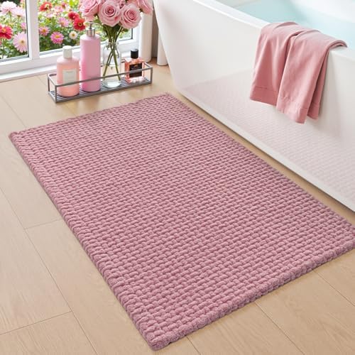 DEXI Chenille Bath Mat 32x20, Soft Absorbent Bathroom Rugs, Pink