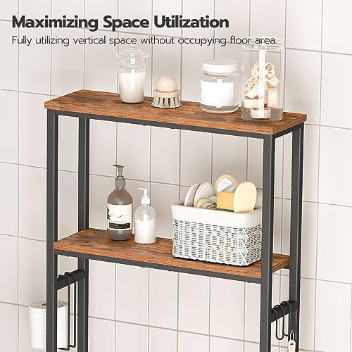 HOOBRO Over The Toilet Storage, 2-Tier freestanding Over the Toilet Storage, Bathroom Organizer Over Toilet with Toilet Paper Holder and Hooks, Space Saver for Room, Rustic Brown and Black BF49TS01