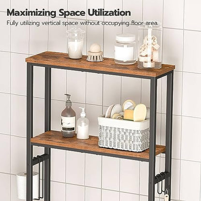 HOOBRO Over The Toilet Storage, 2-Tier freestanding Over the Toilet Storage, Bathroom Organizer Over Toilet with Toilet Paper Holder and Hooks, Space Saver for Room, Rustic Brown and Black BF49TS01