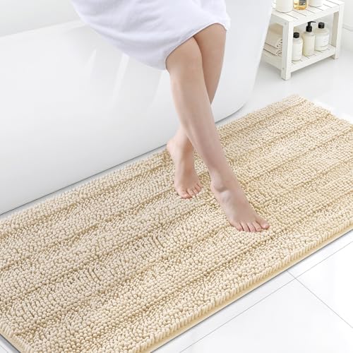 Grandaily Chenille Striped Bathroom Rugs 59x24, Extra Thick and Soft Absorbent Bath Mats, Rubber Backing, Plush Shaggy Shower Carpet, Machine Wash Dry, Bath Rug for Bathroom, Light Beige