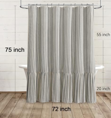 Farmhouse Shower Curtain Ruffle Linen Cream-Black Stripe 72"W x 75"L