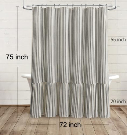 Farmhouse Shower Curtain Ruffle Linen Cream-Black Stripe 72"W x 75"L