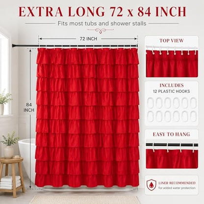 Red Ruffle Shower Curtain for Bathroom, 72x84, Christmas Bathroom Decor