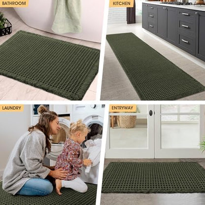 IM HOME Waffle Bath Mat Dark Green 36"x24", Boho Woven Modern Bath Mat Rugs, Absorbent Non Slip Bathroom Rugs, Soft Washable Bath Rugs with Tassels for Bathroom, Bedroom, Kitchen, Shower, Tub