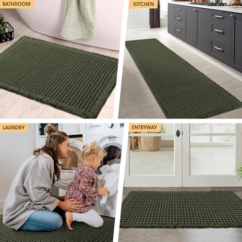 IM HOME Waffle Bath Mat Set Dark Green 3 Piece,Woven Modern Bath Rug Mats, Absorbent Non Slip Bath Floor Mat, Soft Washable Boho Bath Rugs with Tassels for Bathroom, Bedroom, Kitchen,Tub