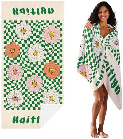JML Custom Flower Beach Towel with Name, Microfiber, 35 x 70 in