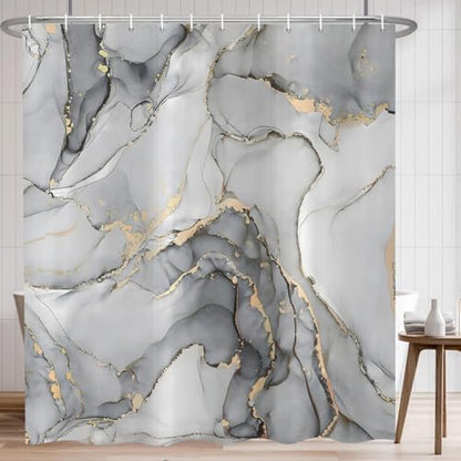 Grey Marble Shower Curtain, Modern Abstract Luxury Grey Gold Ink Texture Watercolor Art Bathroom Curtains Ombre Machine Washable Waterproof Fabric Bathtub Curtain Set with Hooks 66" Wx72 L