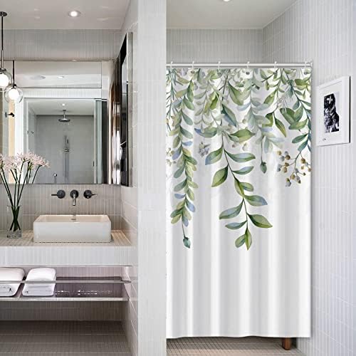 AWERT Green Mixed Light Blue Plant Stall Shower Curtain with 6 Hooks Sage Green Shower Curtain for Bathroom Waterproof Fabric 36x72 inch