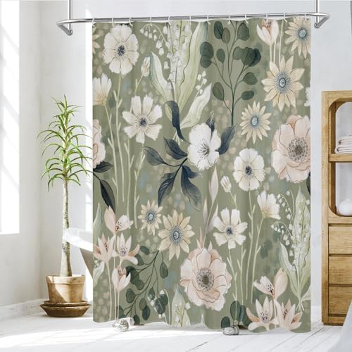 Boho Floral Shower Curtain, Green Botanical Fabric Curtain, 36 x 72