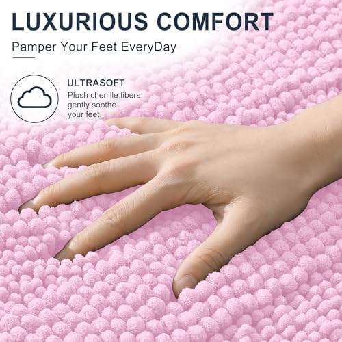 Smiry Thick Small Chenille Bathroom Rugs 24x16, Absorbent Bath Mat, Pink