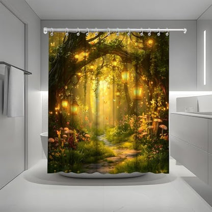 Fantasy Forest Path Shower Curtain Yellow Fairy Magical Enchanted Misty Jungle Mushroom Floral Tree Butterfly Lantern Wonderland Bath Curtain Fabric Bathroom Accessories Decor with Hooks 90W x70L