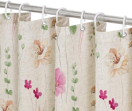 Gibelle Pink Green Linen Watercolor Floral Fabric Shower Curtain, 72x72